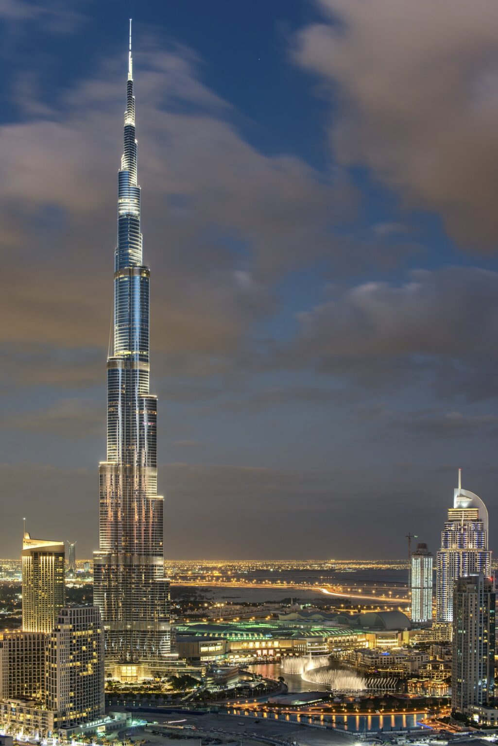 Cityscape of Dubai, United Arab Emirates, with illuminated Burj Khalifa skyscraper in the